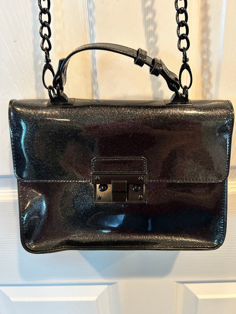 Steve Madden Lincoln Push Lock Black Satchel Crossbody Purse with Chain - EUC